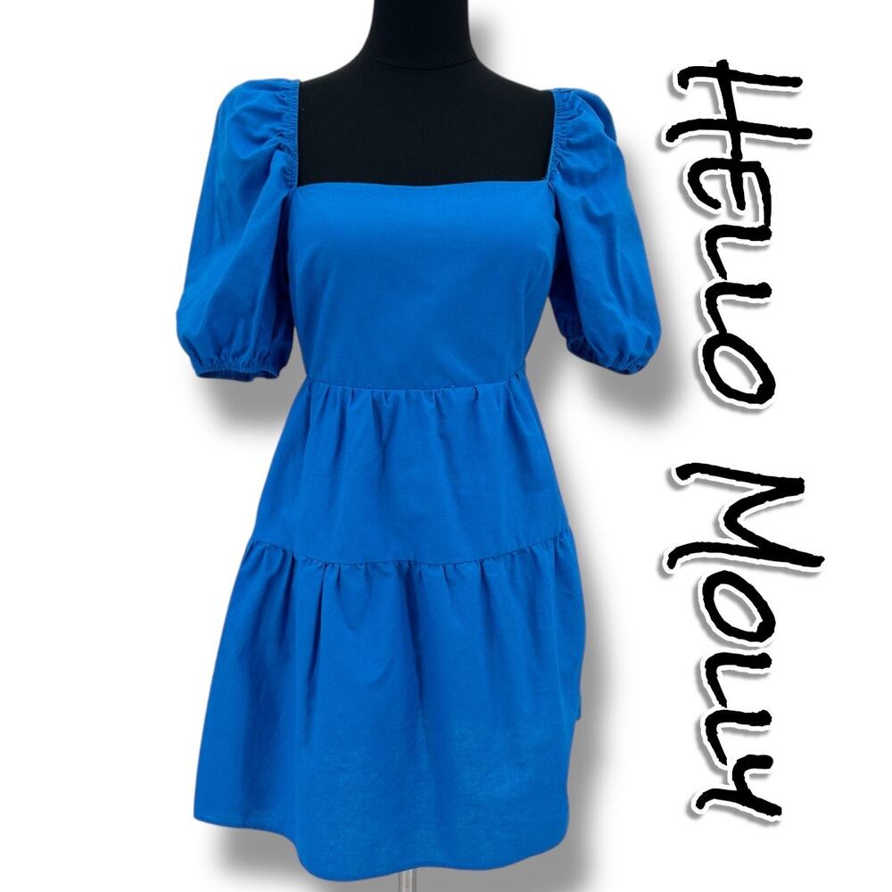Hello Molly Best Weekend Blue Linen Blend Puff Sleeve Tie Back Dress Womens 4